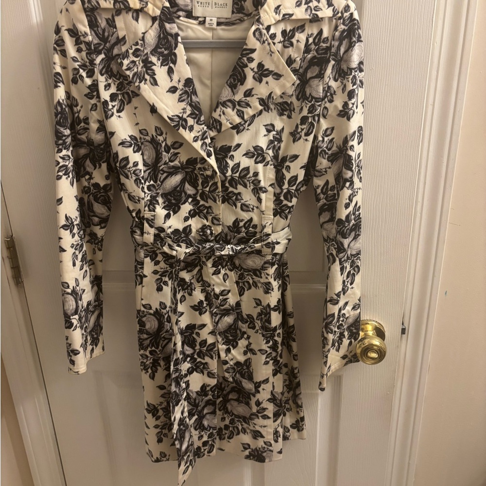 White House Black Market Cream and Black Floral Trench
